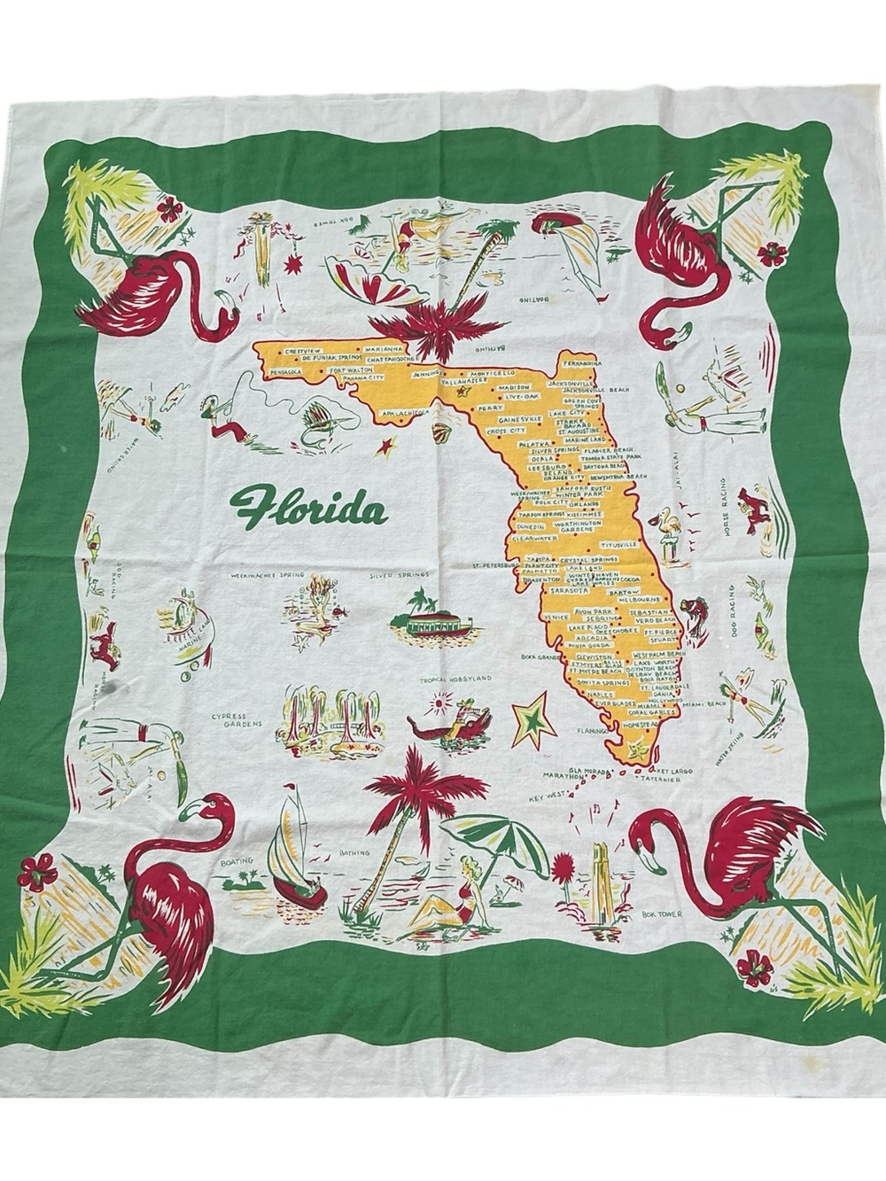Vintage 1950s/60s Florida Souvenir Map Novelty Print MCM Cotton Tablecloth USA